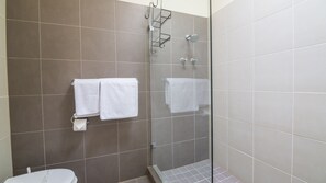 Douche, sèche-cheveux, serviettes fournies, shampoing