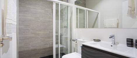 A modern bathroom with a glass shower enclosure, a white sink, and a large mirror.