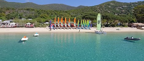 On the beach, sun loungers