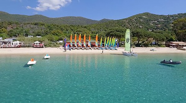 On the beach, sun-loungers