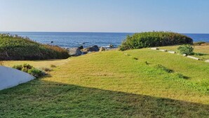 Een kustlandschap met een grasveld, rotsen en een helder uitzicht op de zee.