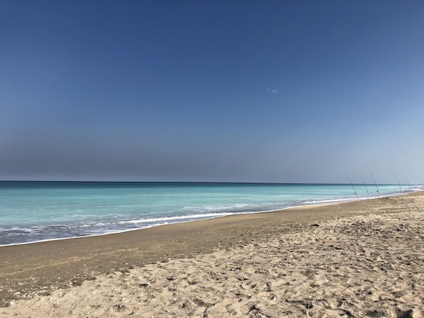 On the beach, sun-loungers, beach towels
