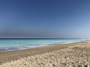 On the beach, sun-loungers, beach towels