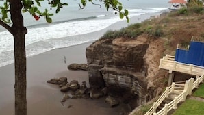 Une vue côtière avec une falaise rocheuse, un escalier en bois menant à une structure bleue et un arbre au premier plan.
