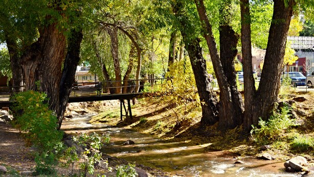 A natural landscape with a stream, trees, and a bridge. - The Heart of Manitou Springs. Award-winning. Luxurious. Historic. 1st Floor unit (Manitou Springs)