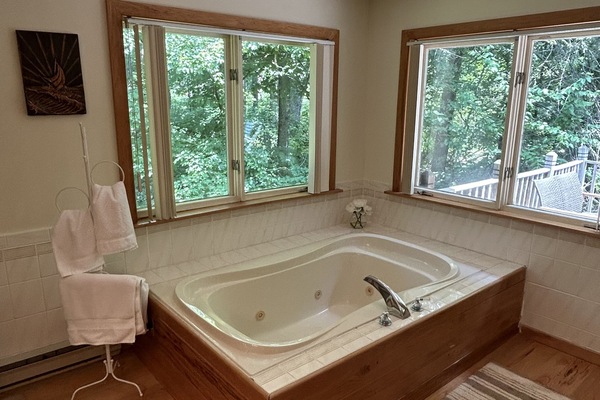 Jetted tub for two with forest views