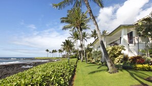 A beachfront property with a well-maintained lawn, palm trees, and a view of the ocean. - Hale A Kai By Parrish Kauai: spectacular oceanfront views with private pool & AC (Koloa)