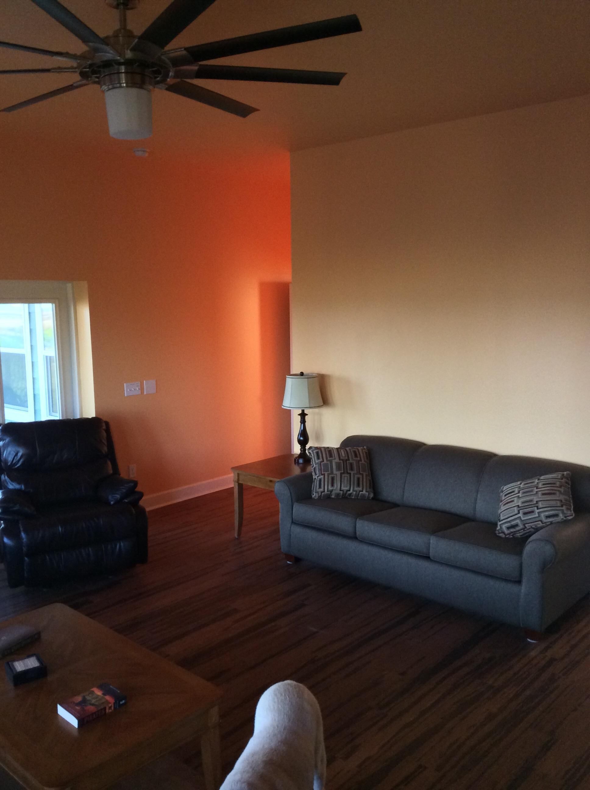 A living room with a ceiling fan, a grey sofa, a black leather chair, a wooden coffee table, and a lamp on a side table.