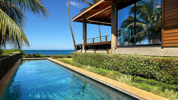 Une piscine moderne offrant une vue dégagée sur l’océan, entourée d’une végétation luxuriante et dotée d’une terrasse en bois.
