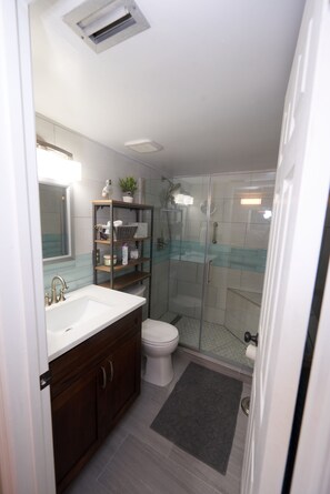 Combined shower/tub, hair dryer, towels, soap