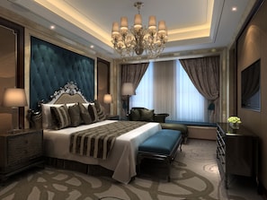 A luxurious bedroom with a tufted headboard, a large bed, an ottoman, a desk, and a TV. - Yun Song Hotel (Xinxiang)