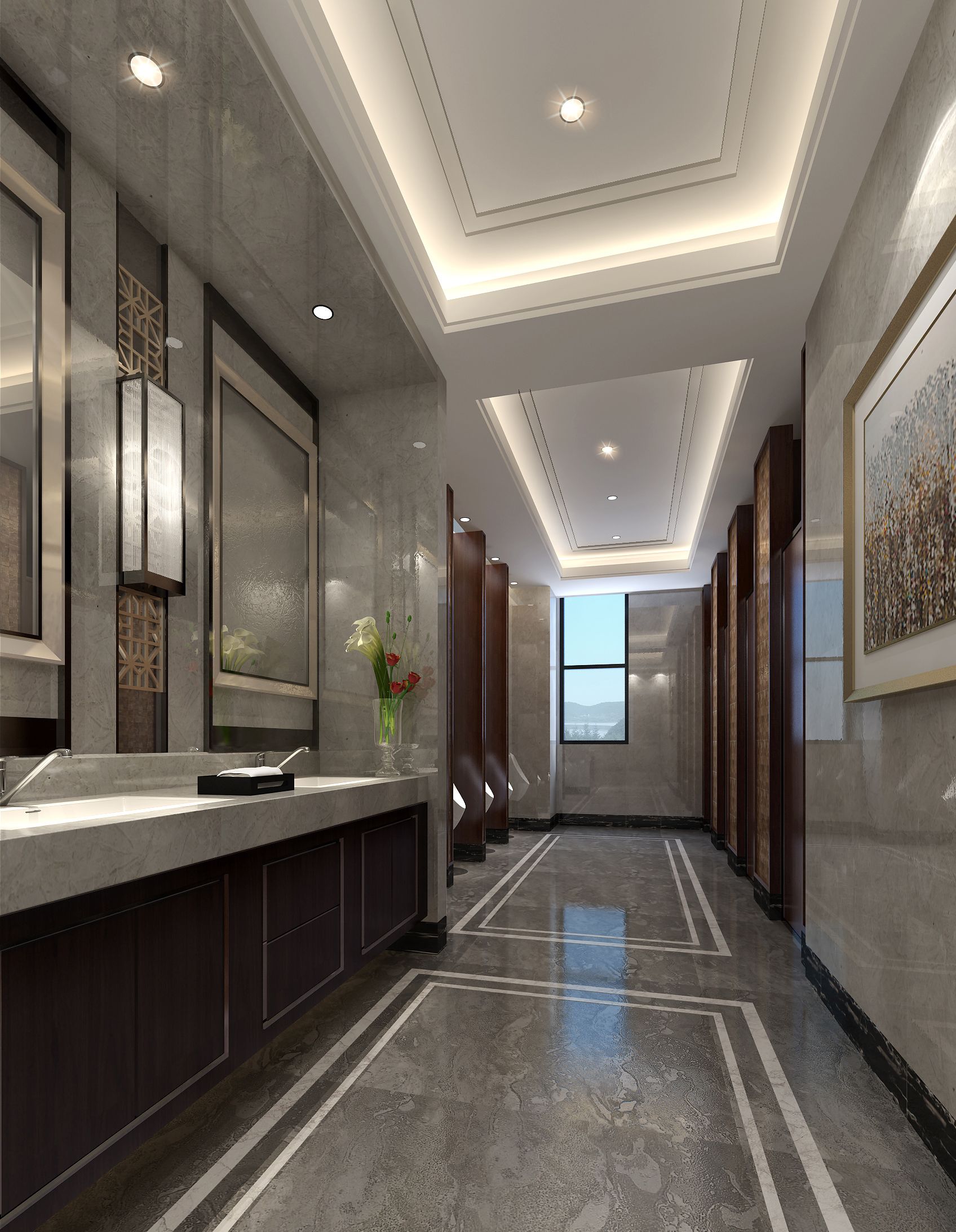 A modern hotel lobby with a marble reception desk, a large mirror, a vase with flowers, and a framed artwork on the wall.