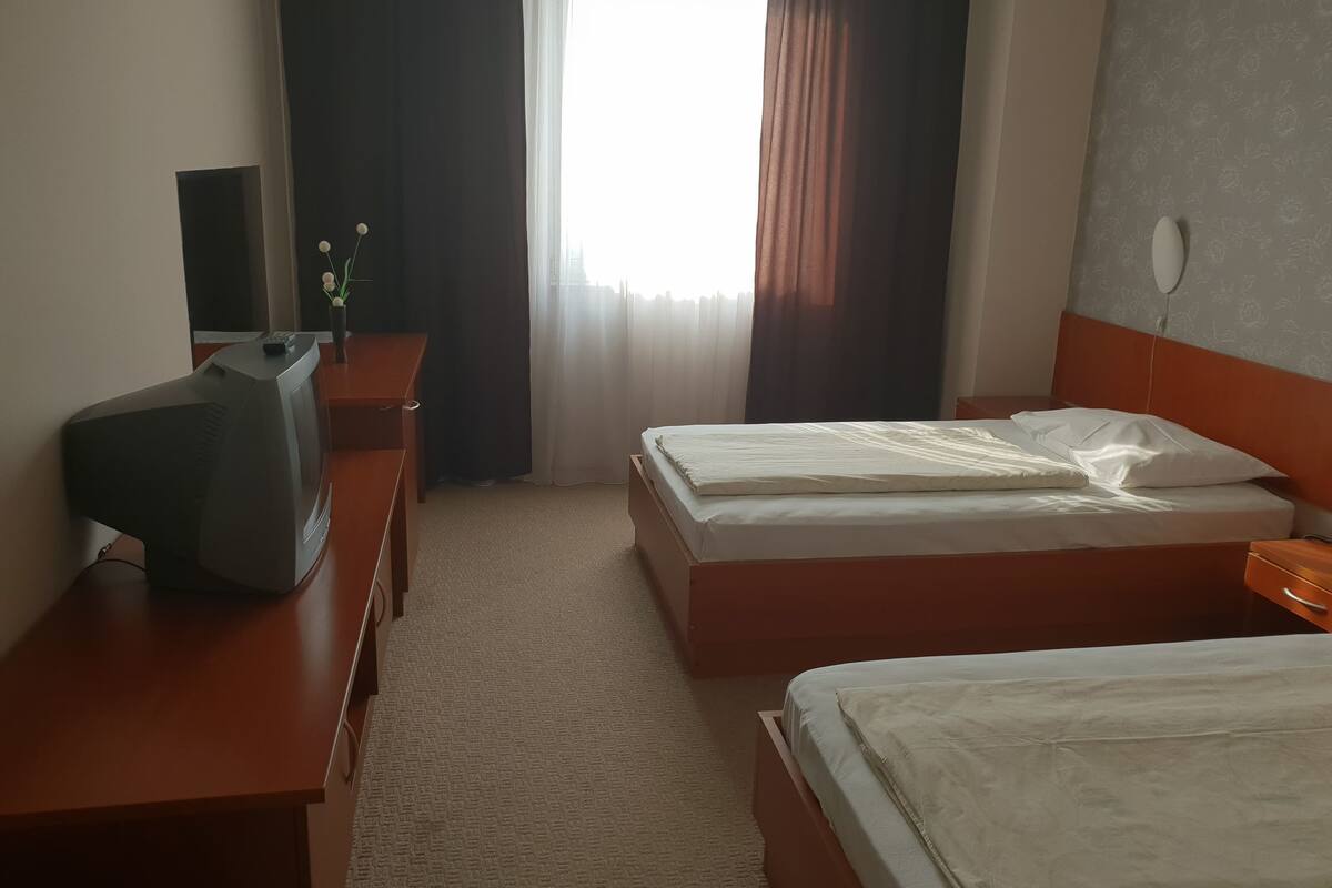 Une chambre d’hôtel avec deux lits, un bureau avec une télévision, une petite table avec une plante et une fenêtre avec des rideaux.