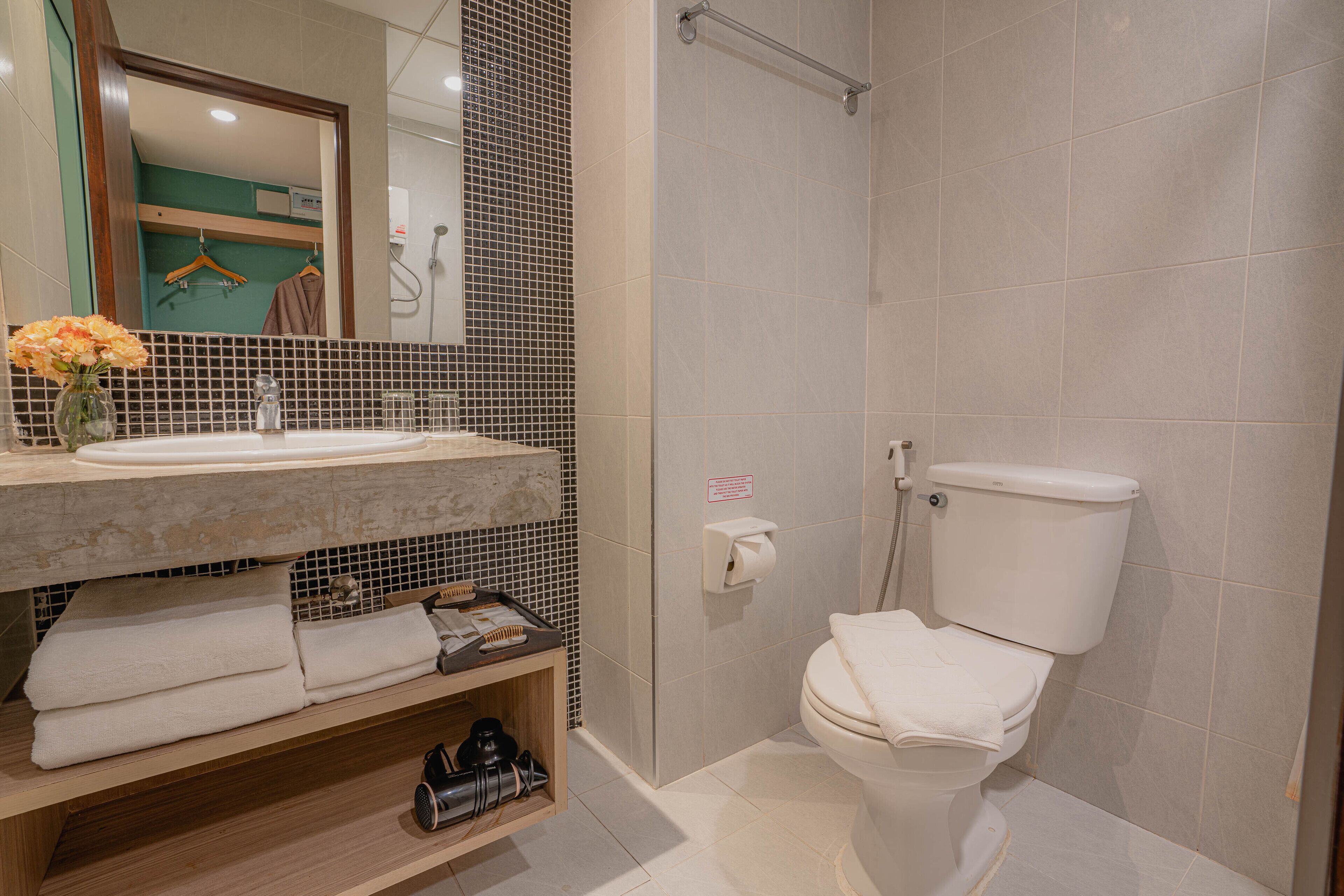 free toiletries, hair dryer, bathrobes, slippers