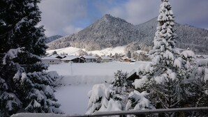 Ett snötäckt berglandskap med hus i förgrunden.
