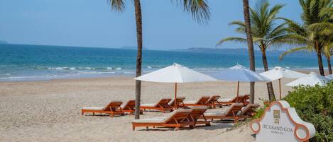 Una playa con palmeras, sillas de descanso y sombrillas.