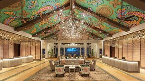 A spacious lobby with a high ceiling, ornate ceiling design, and a chandelier. - ITC Grand Goa, a Luxury Collection Resort & Spa, Goa (Cansaulim)