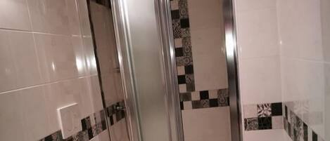 A modern bathroom with a glass-enclosed shower, a toilet, and a sink.