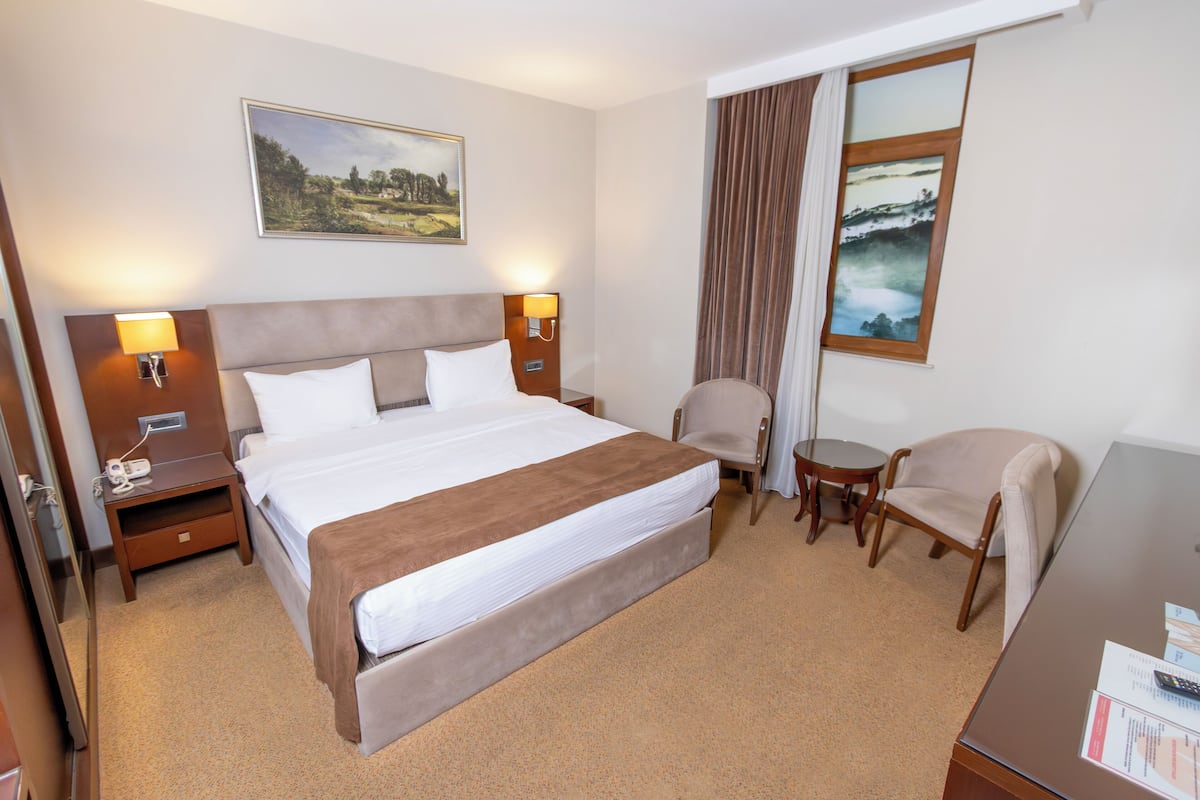 A hotel room with a large bed, two bedside tables, a desk, a chair, and a window with curtains.