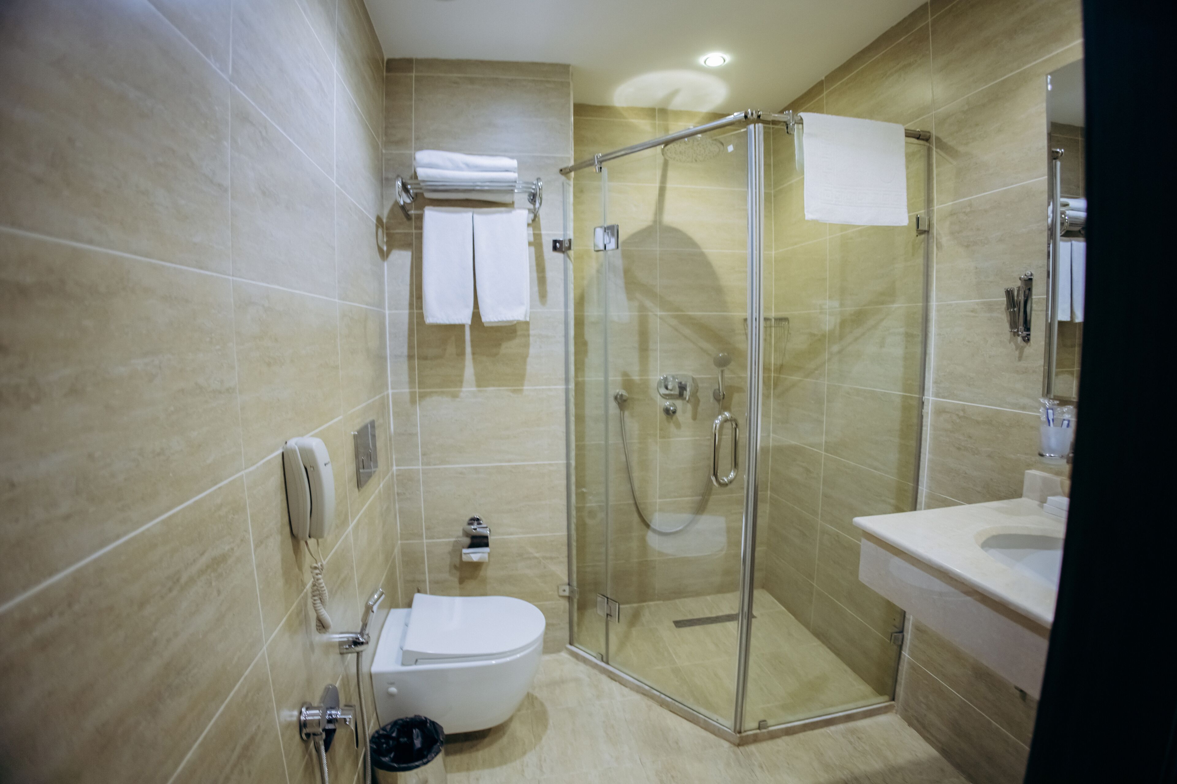 A modern bathroom with a glass-enclosed shower, a toilet, and a sink.