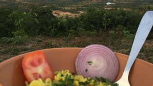 A meal with vegetables and pasta, with a scenic view of a mountainous landscape in the background.