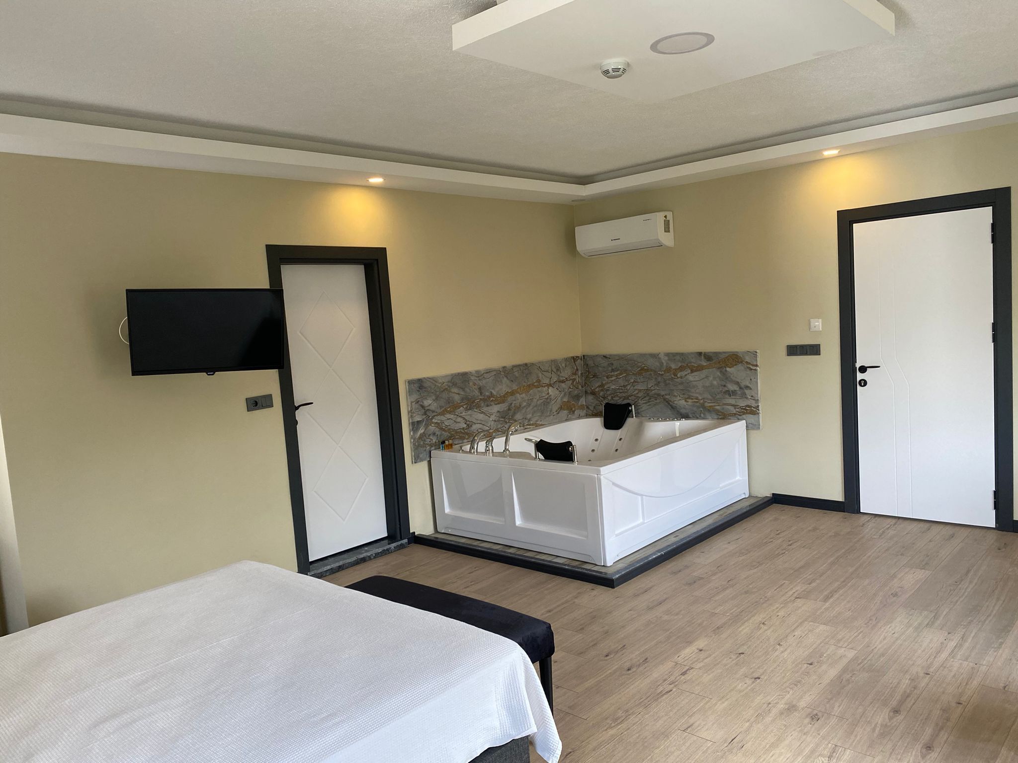 Una habitación de hotel con cama, televisión, bañera y aire acondicionado.