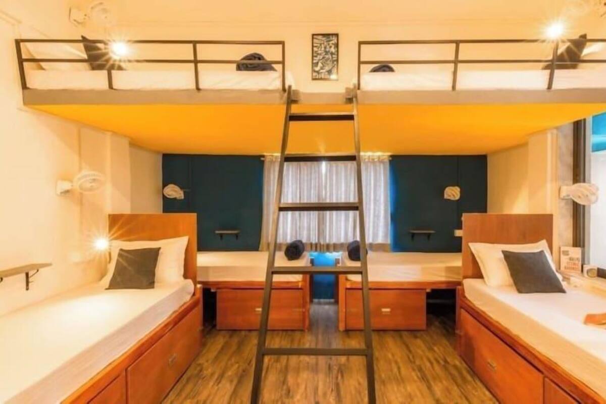 A compact hotel room with bunk beds, a ladder, a small desk, and a window with curtains.
