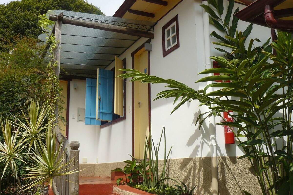 A house with a wooden staircase leading to a door with a blue shutter, surrounded by various plants.