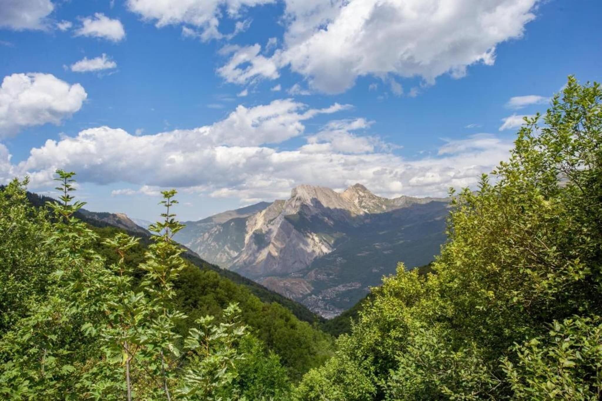 A mountainous landscape with dense green foliage in the foreground and a prominent mountain peak in the background.