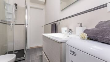 Shower, hair dryer, bidet, towels