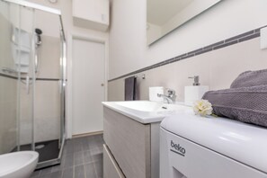 Regadera, secadora de cabello, bidet, toallas 