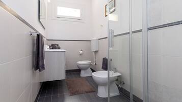 A compact bathroom with a toilet, bidet, and a glass shower enclosure.