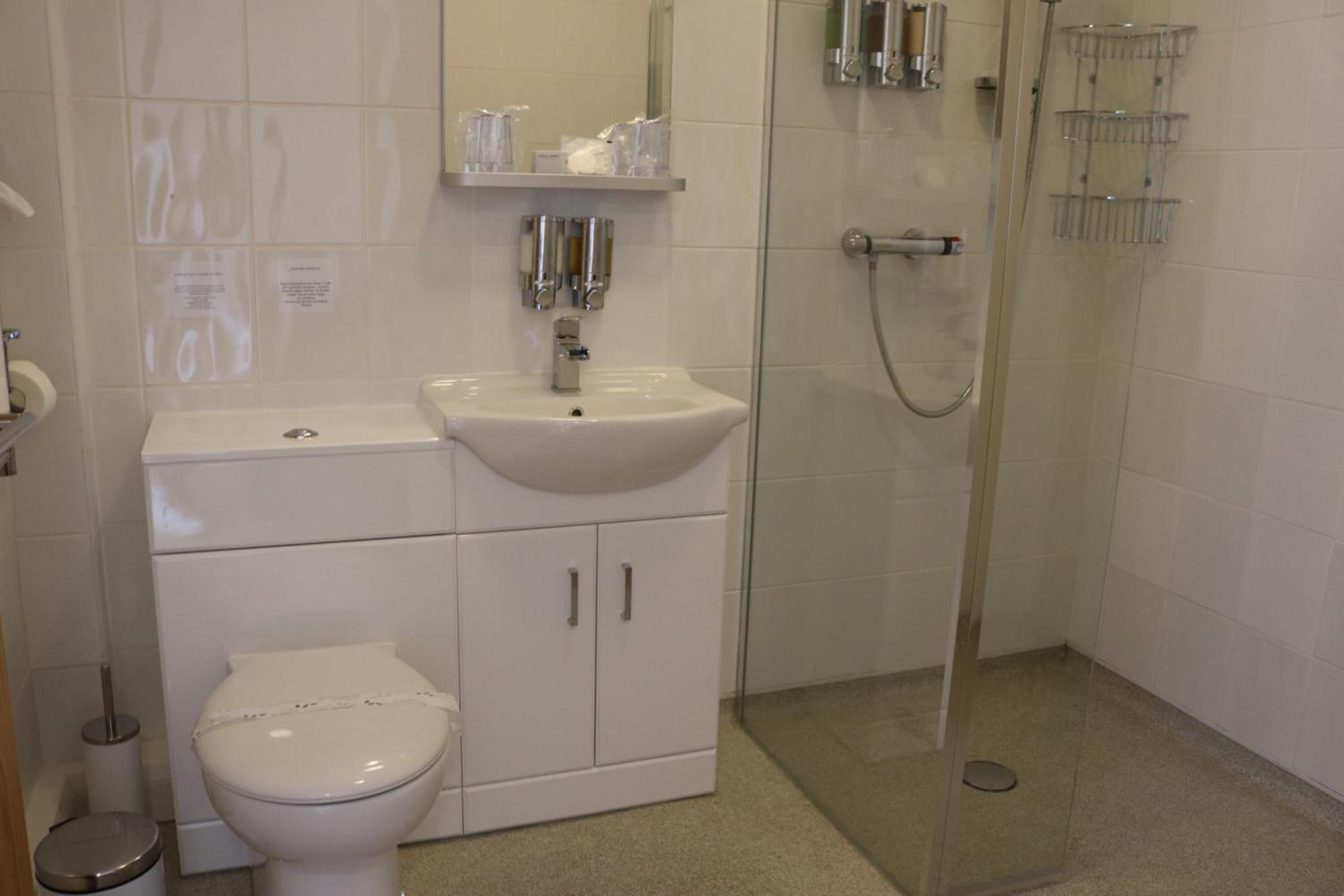 Une salle de bain avec des toilettes, un lavabo et une douche.