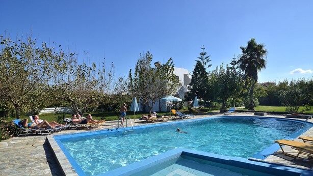 Une piscine avec des chaises longues et une terrasse en pierre.