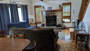 Smart TV, fireplace, video games, DVD player