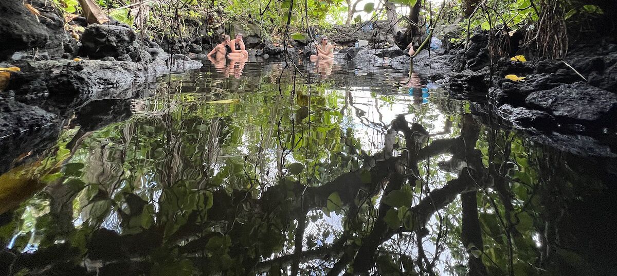 Una piscina natural rodeada de rocas y vegetación.