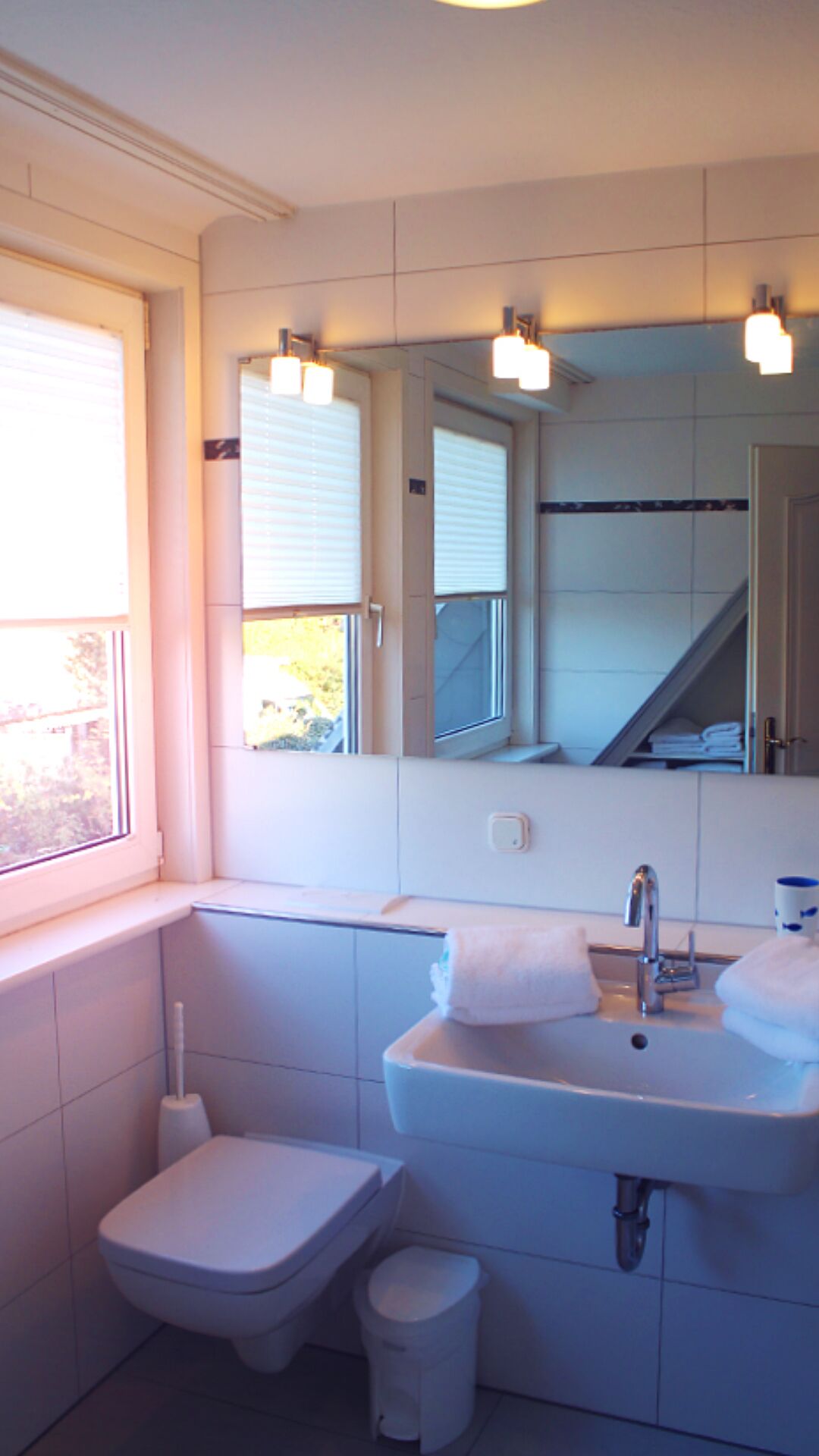 A bathroom with a toilet, sink, and window.