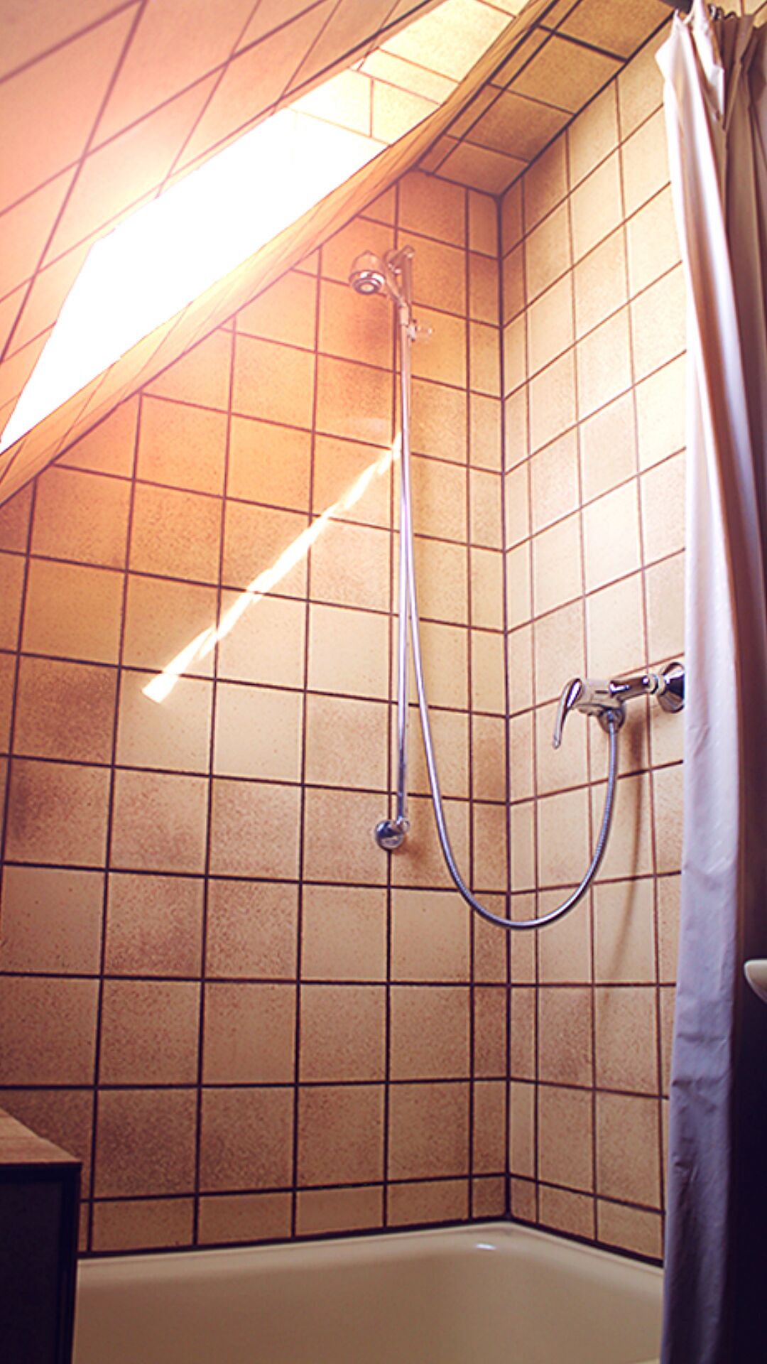 Ducha en esquina con pared de azulejos, cabezal de ducha y barra para cortina.