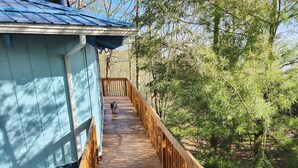 Eine Holzterrasse führt zu einem hellblauen Gebäude mit blauem Dach.