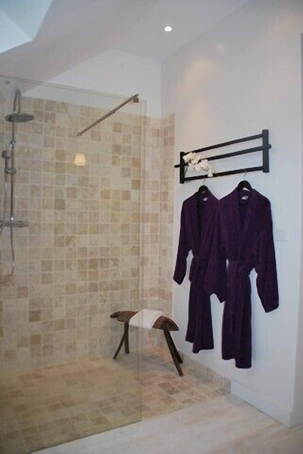 Shower, hair dryer, towels, shampoo