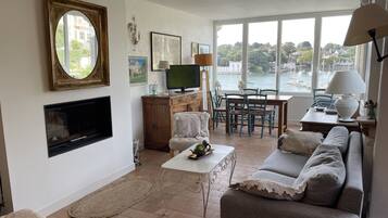 TV, fireplace, books, stereo