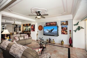 Smart TV, DVD player, books, music library