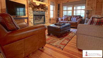 TV connectée, cheminée, lecteur de DVD, livres