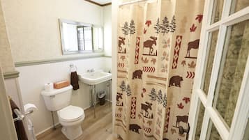 Combined shower/tub, hair dryer, towels, toilet paper