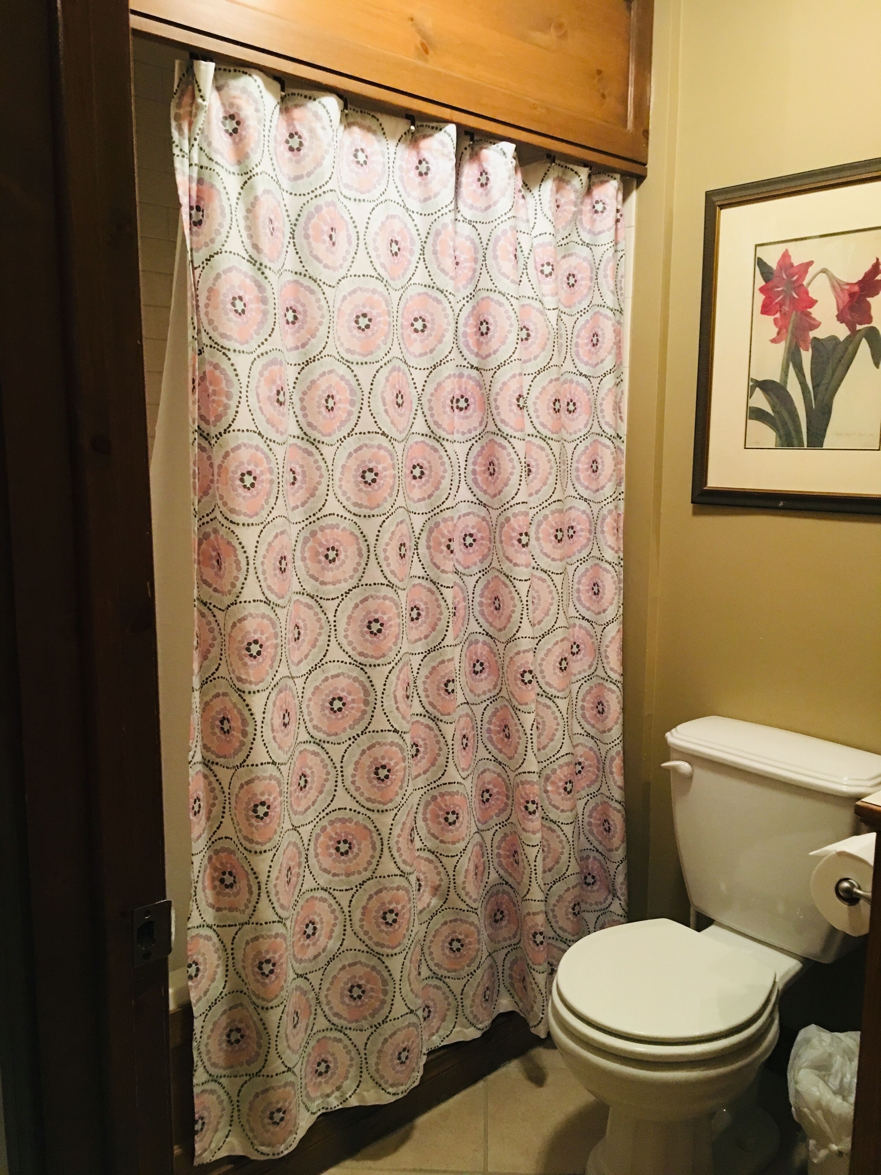 Ein Badezimmer mit Toilette, einer Duschvorhang mit Blumenmuster und einem gerahmten Bild an der Wand.
