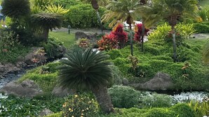 Un rigoglioso giardino con vista sull'oceano al tramonto.
