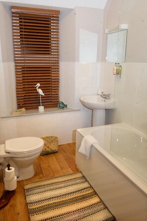 Combined shower/bathtub, free toiletries, hair dryer, towels