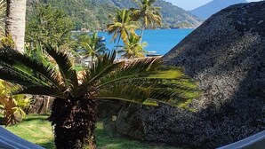 A hammock in a lush outdoor setting with a view of a mountain and a body of water. - Pousada Três Coqueiros (Angra dos Reis)