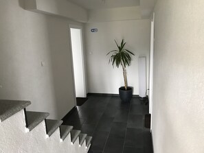 A staircase leading to a room with a potted plant and a Wi-Fi sign on the wall. - Guest House Klanfar (Rakovica)