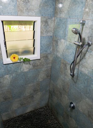 Shower, towels, soap, shampoo